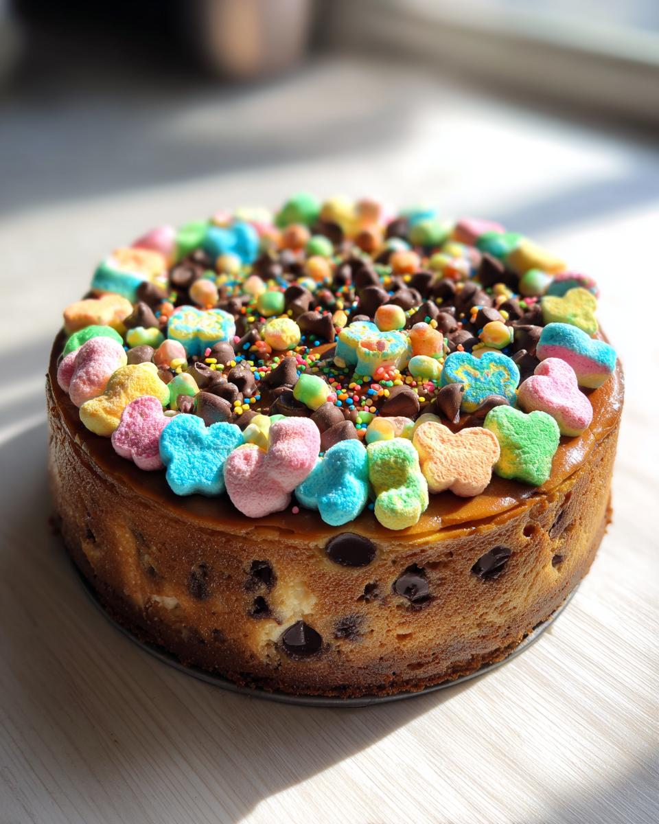 A whole Chocolate Chip Cheesecake Lucky Charms topped with mini chocolate chips, sprinkles, and colorful marshmallows.