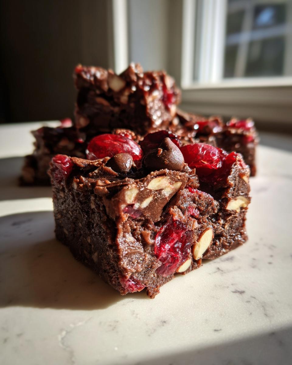 A close-up, sunlit view of a rich, fudgy square of Chocolate Cranberry Almond Snack Bars, studded with almonds and dried cranberries.