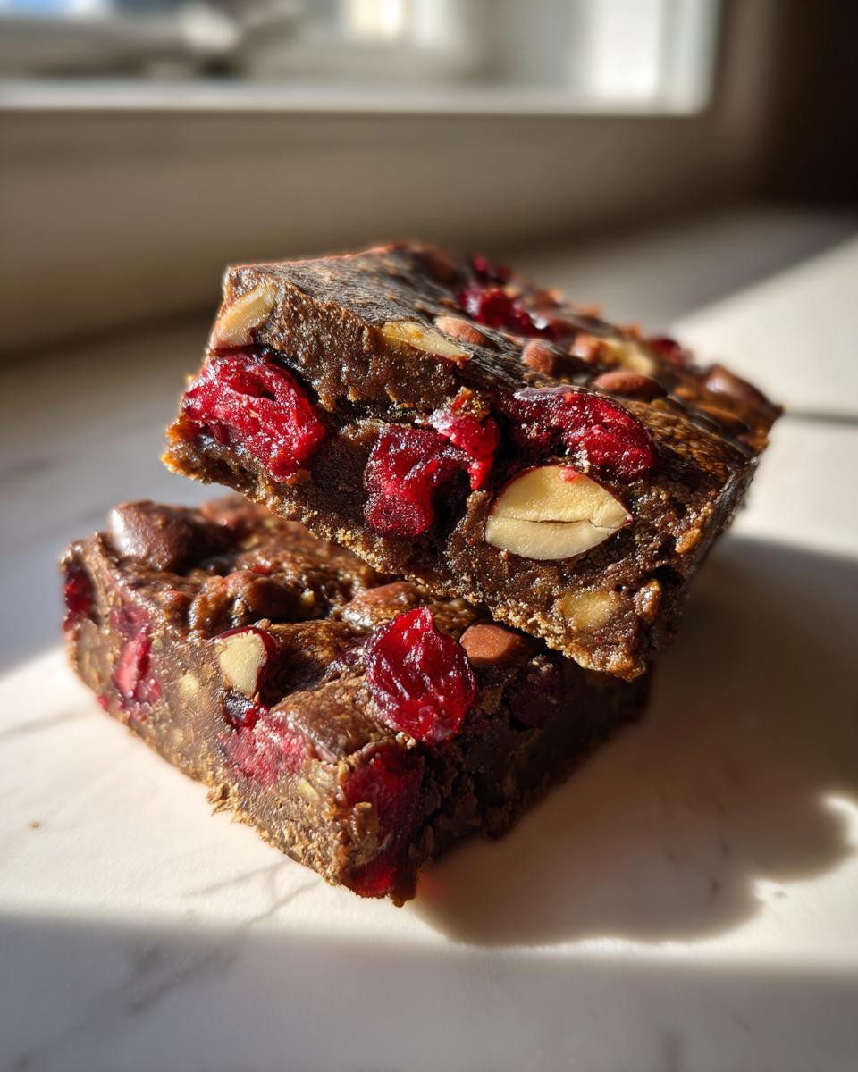 Two stacked Chocolate Cranberry Almond Snack Bars showing dried cranberries and whole almonds embedded in the rich chocolate base.