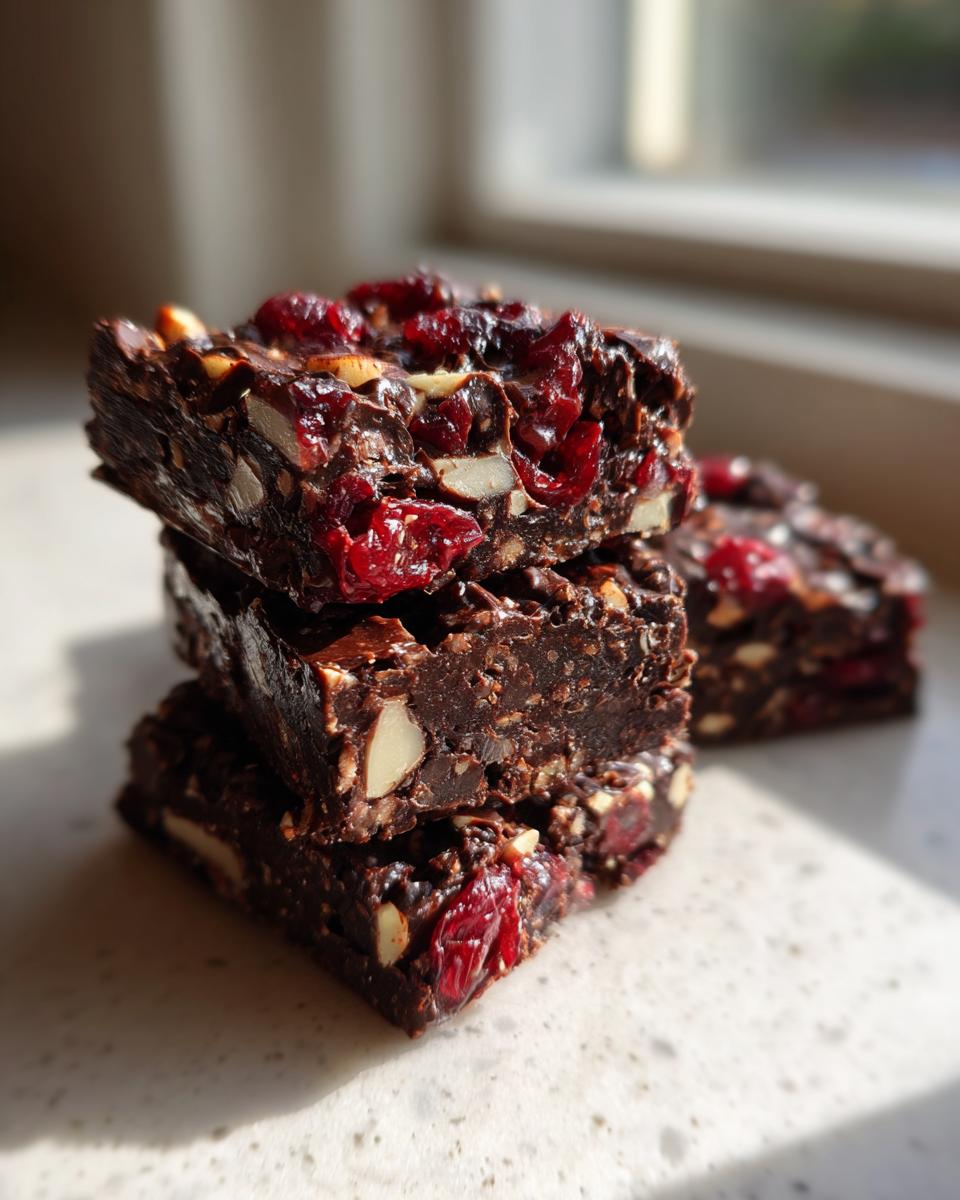 A stack of three rich, dark Chocolate Cranberry Almond Snack Bars featuring visible almonds and dried cranberries.