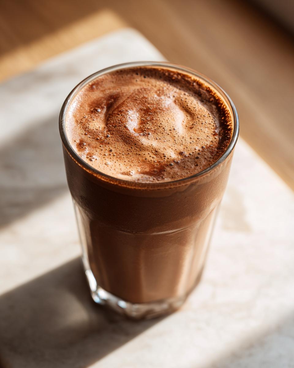 A tall glass filled with a frothy Chocolate Espresso Smoothie, ready to be enjoyed.