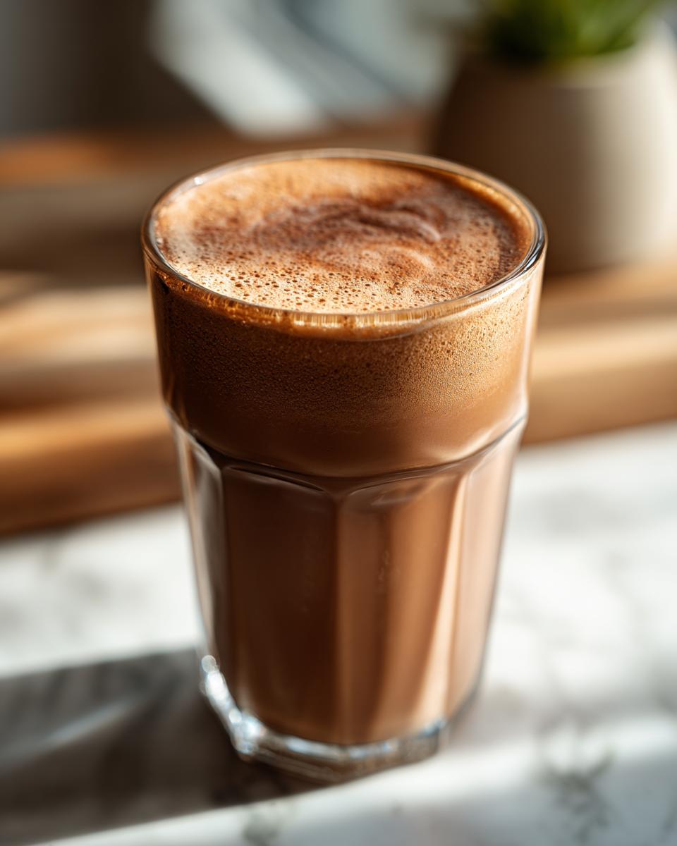 A close-up of a frothy Chocolate Espresso Smoothie in a clear glass, ready to enjoy.