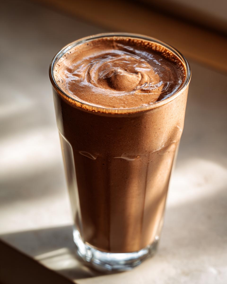A tall glass filled with a creamy Chocolate Espresso Smoothie, showing its rich brown color and frothy top.