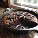 A freshly baked, fudgy Chocolate Oreo Skillet Brownie Vegan with a scoop removed, showing melted chocolate.