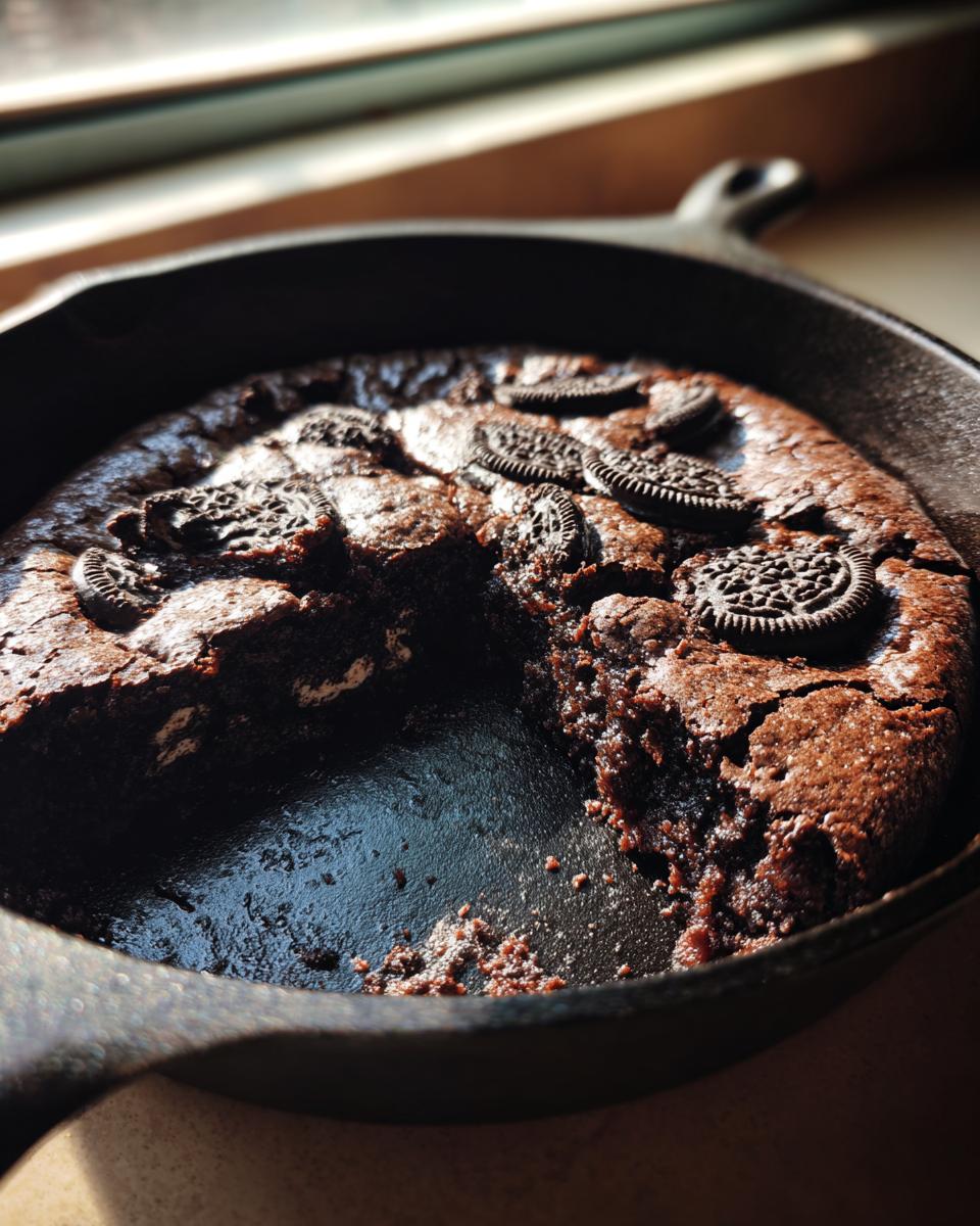 A fudgy Chocolate Oreo Skillet Brownie Vegan baked in a cast iron pan with a piece already served.