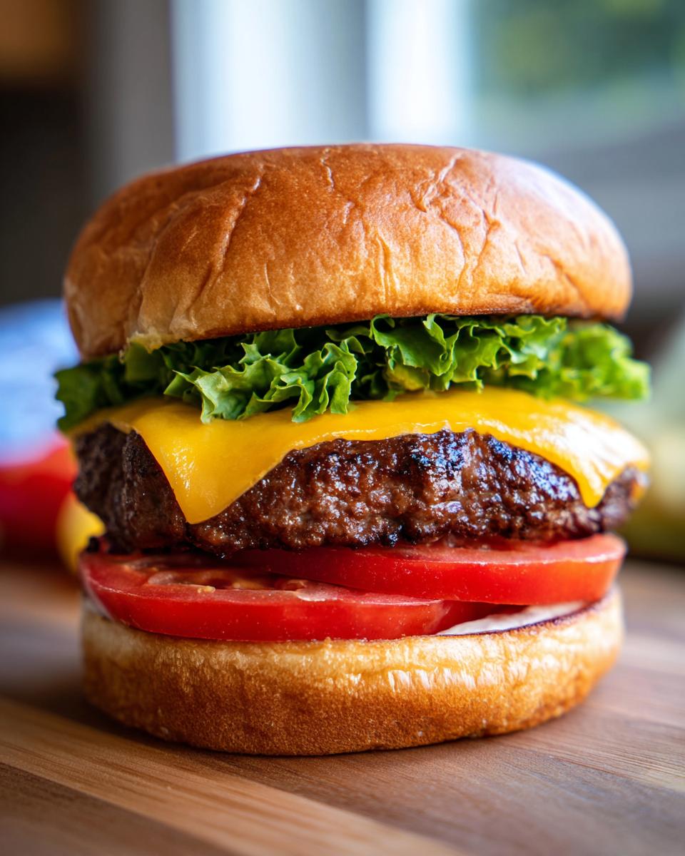 A juicy cheeseburger with lettuce, tomato, and melted cheddar cheese, perfect for grilling.