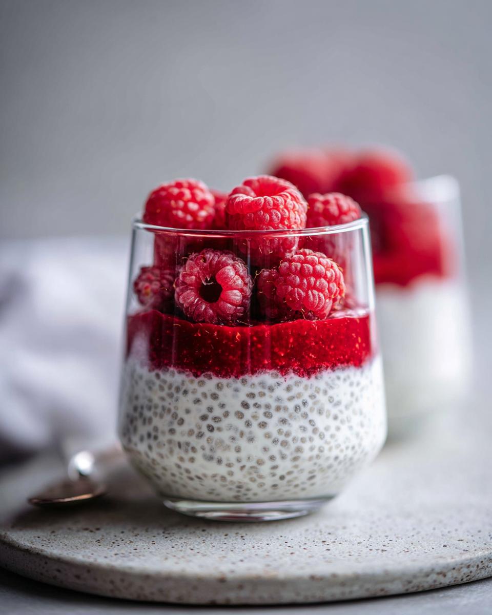 Close-up of Coconut Raspberry Chia Pudding in a glass, topped with fresh raspberries and raspberry puree.