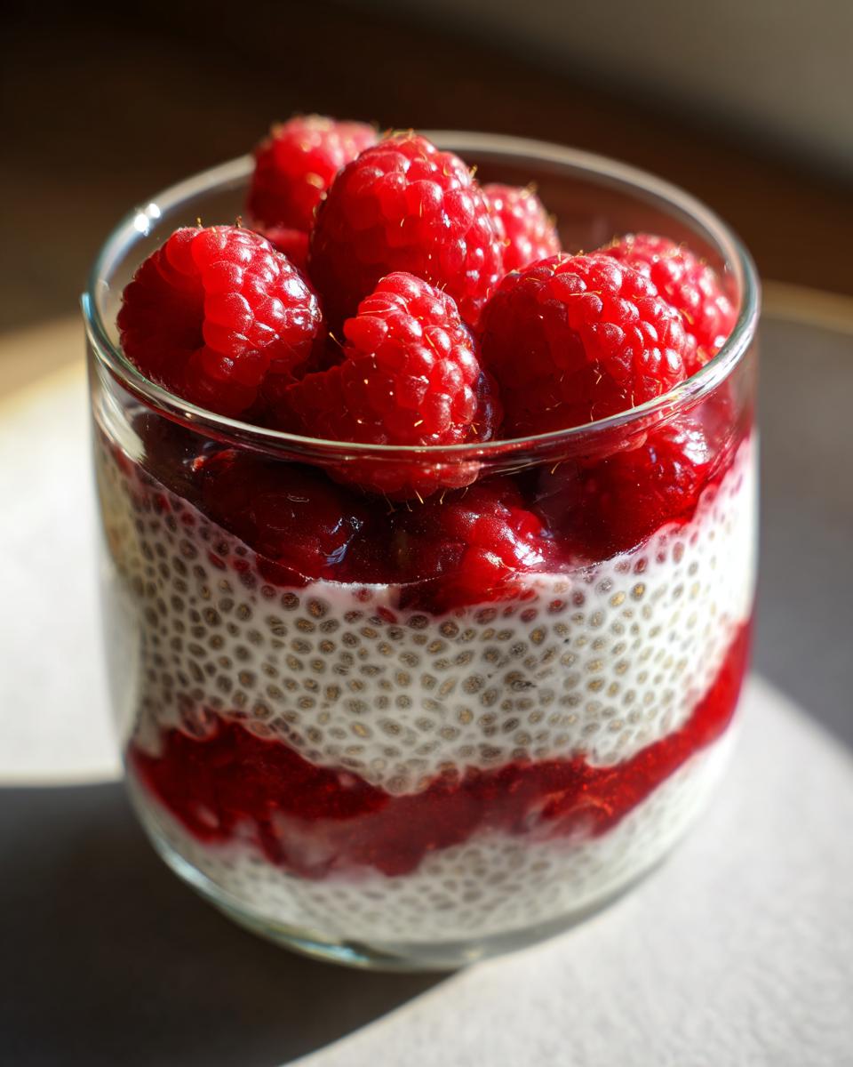 Close-up of Coconut Raspberry Chia Pudding layered with raspberry puree and topped with fresh raspberries in a glass.
