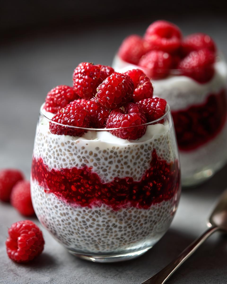 Close-up of Coconut Raspberry Chia Pudding in a glass, layered with raspberry puree and topped with fresh raspberries.