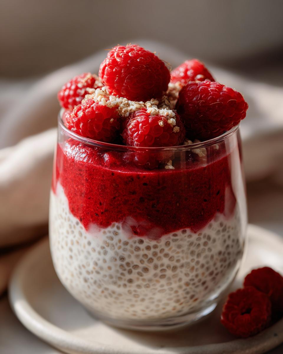 A refreshing Coconut Raspberry Chia Pudding layered in a glass, topped with fresh raspberries and a sprinkle of seeds.