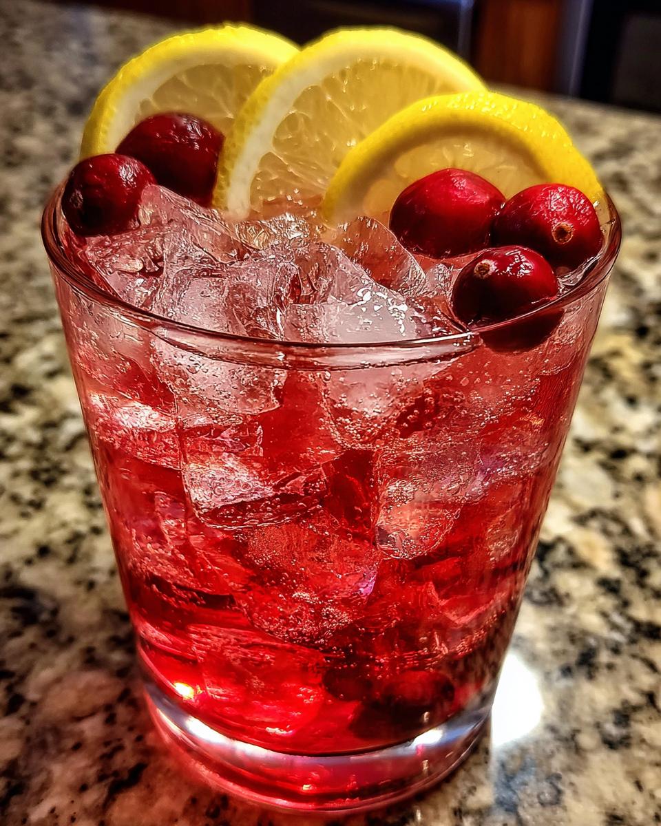 A refreshing Cranberry Lemon Spritzer With Lemonade Ice Cubes in a glass, garnished with cranberries and lemon slices.