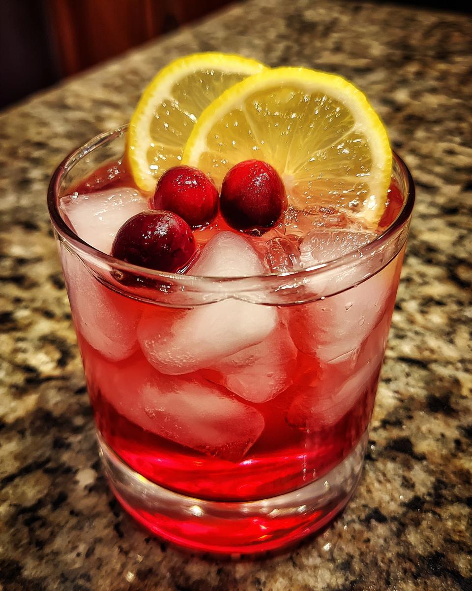 A refreshing Cranberry Lemonade Ice Cube Spritzer in a glass, garnished with cranberries and lemon slices.