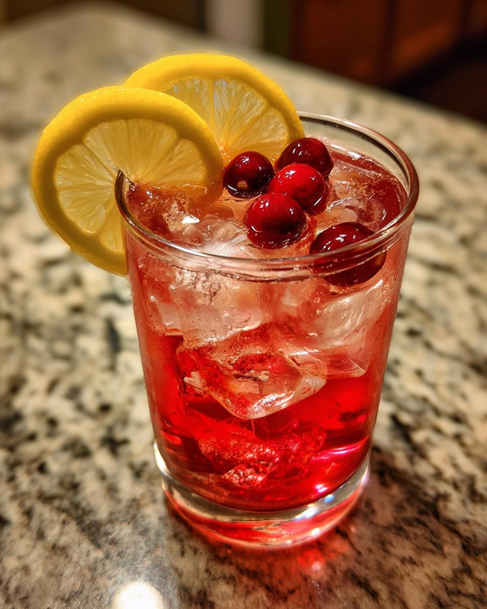 A close-up of a Cranberry Lemonade Ice Cube Spritzer in a glass, garnished with lemon slices and fresh cranberries.