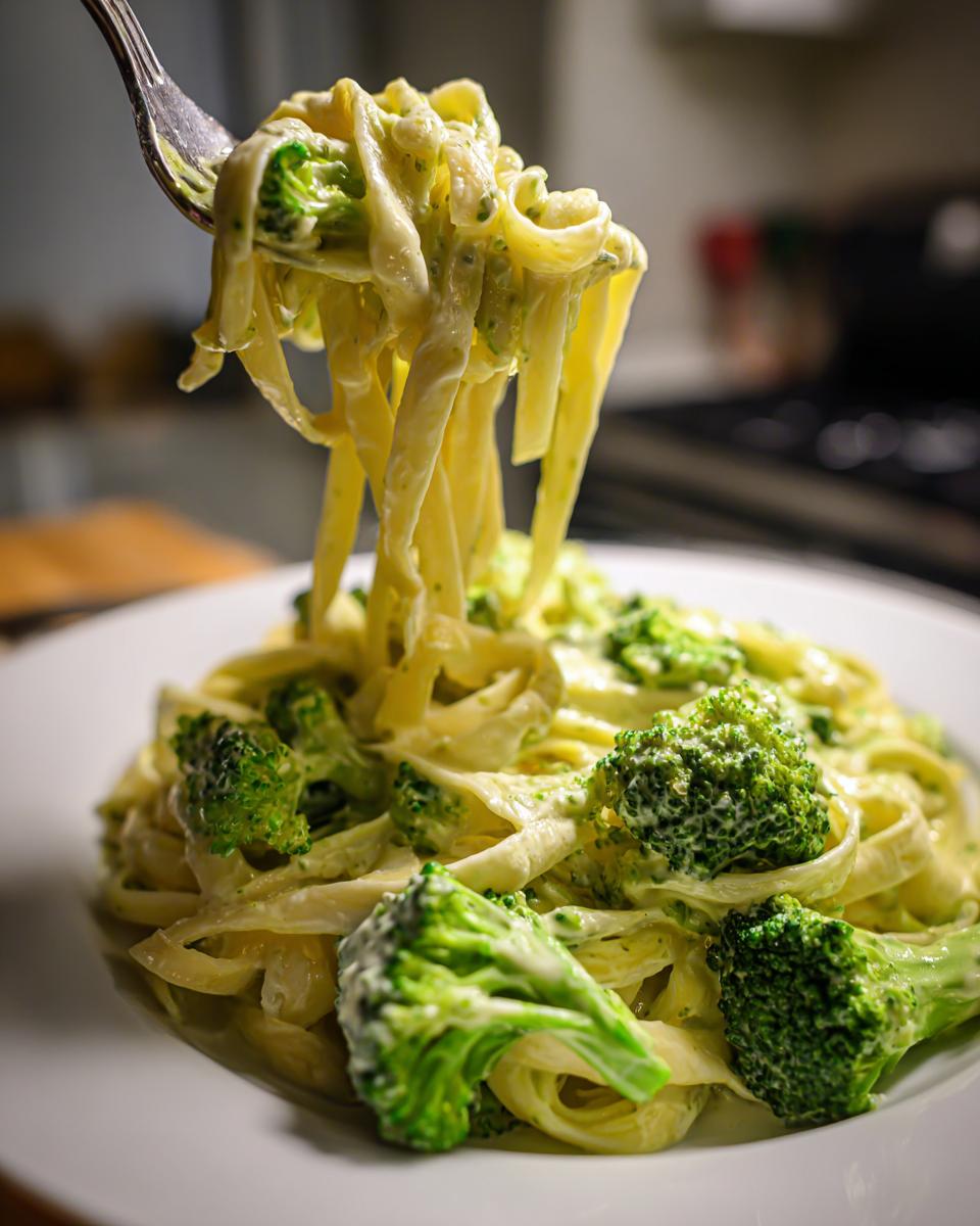 A fork lifting creamy fettuccine pasta with bright green broccoli florets from a plate of Easy Vegan Broccoli Alfredo Pasta.