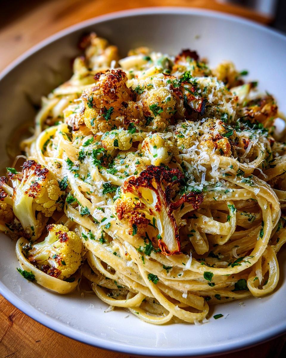 A close-up of Creamy Garlic Butter Pasta With Roasted Cauliflower, topped with fresh parsley and grated cheese.