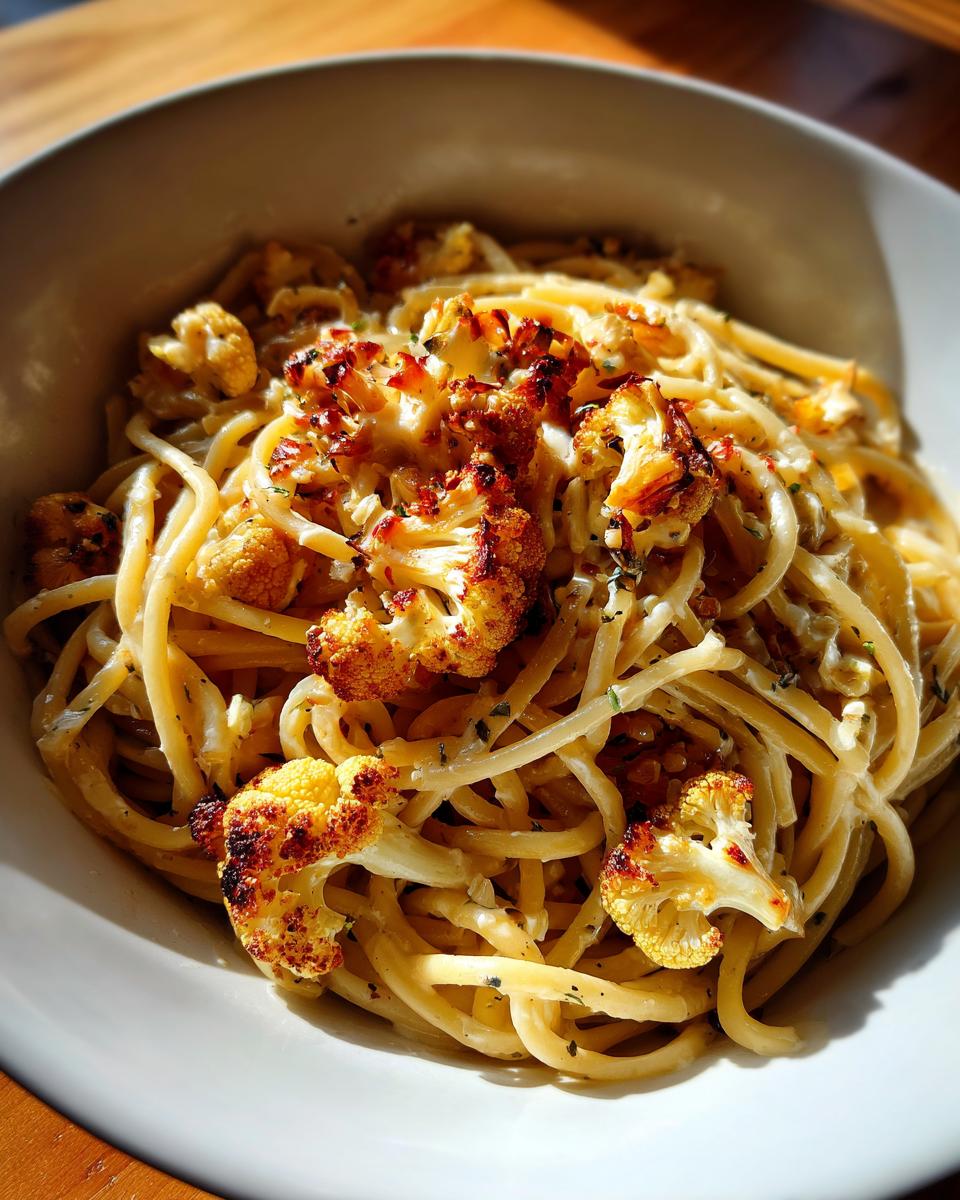 A close-up of Creamy Garlic Butter Pasta With Roasted Cauliflower in a white bowl, featuring golden roasted cauliflower florets.