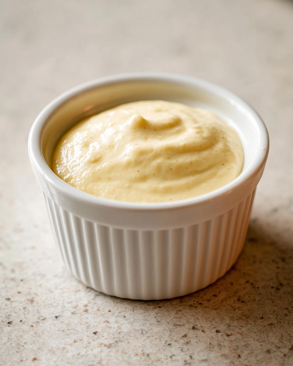 A close-up of thick, creamy, yellow Creamy Honey Mustard Dressing Dairy Free served in a small white fluted ramekin.