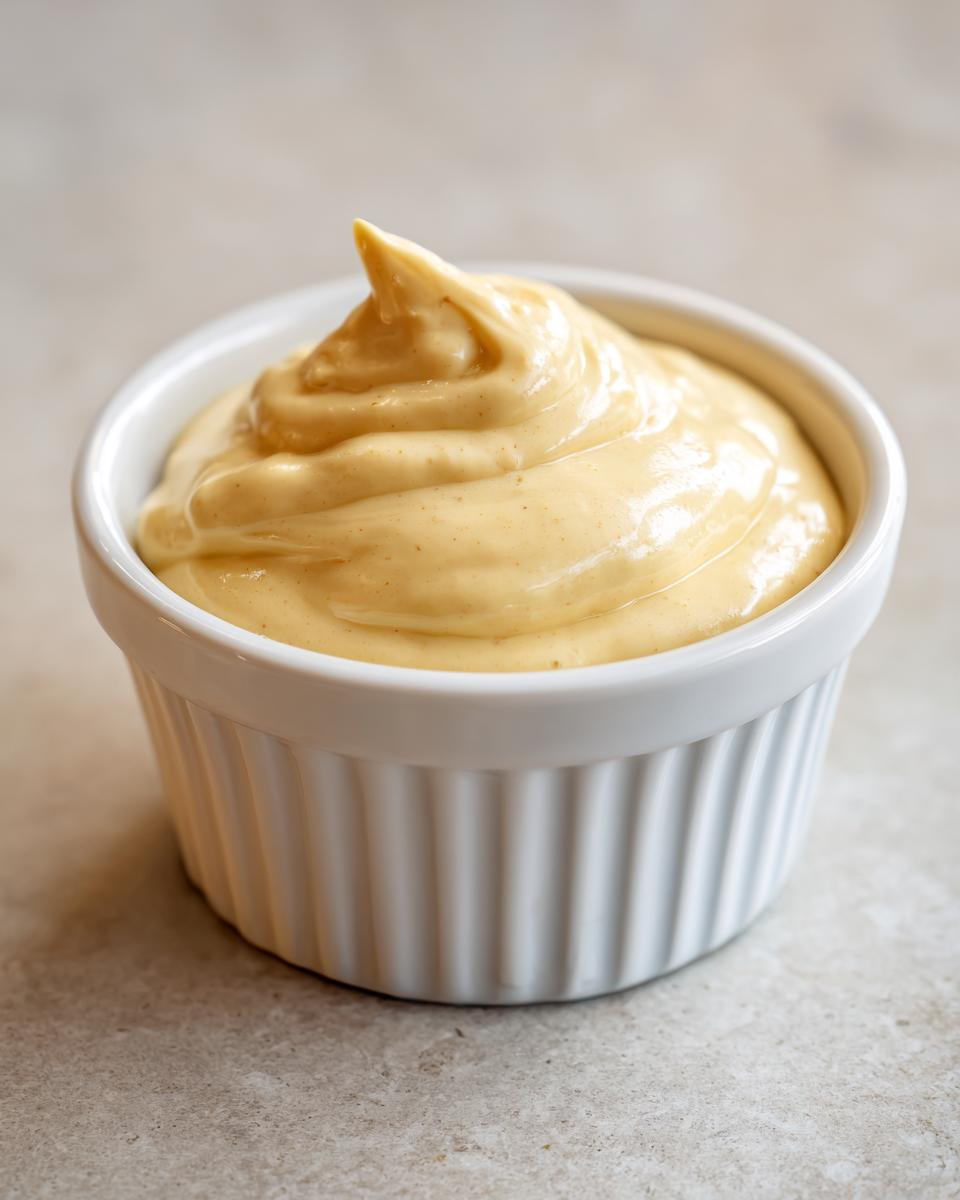 Close-up of thick, smooth Creamy Honey Mustard Dressing Dairy Free swirled high in a white fluted ramekin.
