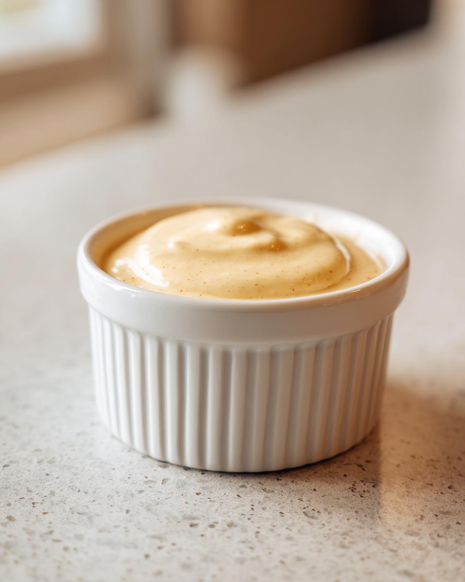 A small white ramekin filled with thick, creamy honey mustard dressing dairy free, sitting on a light countertop.