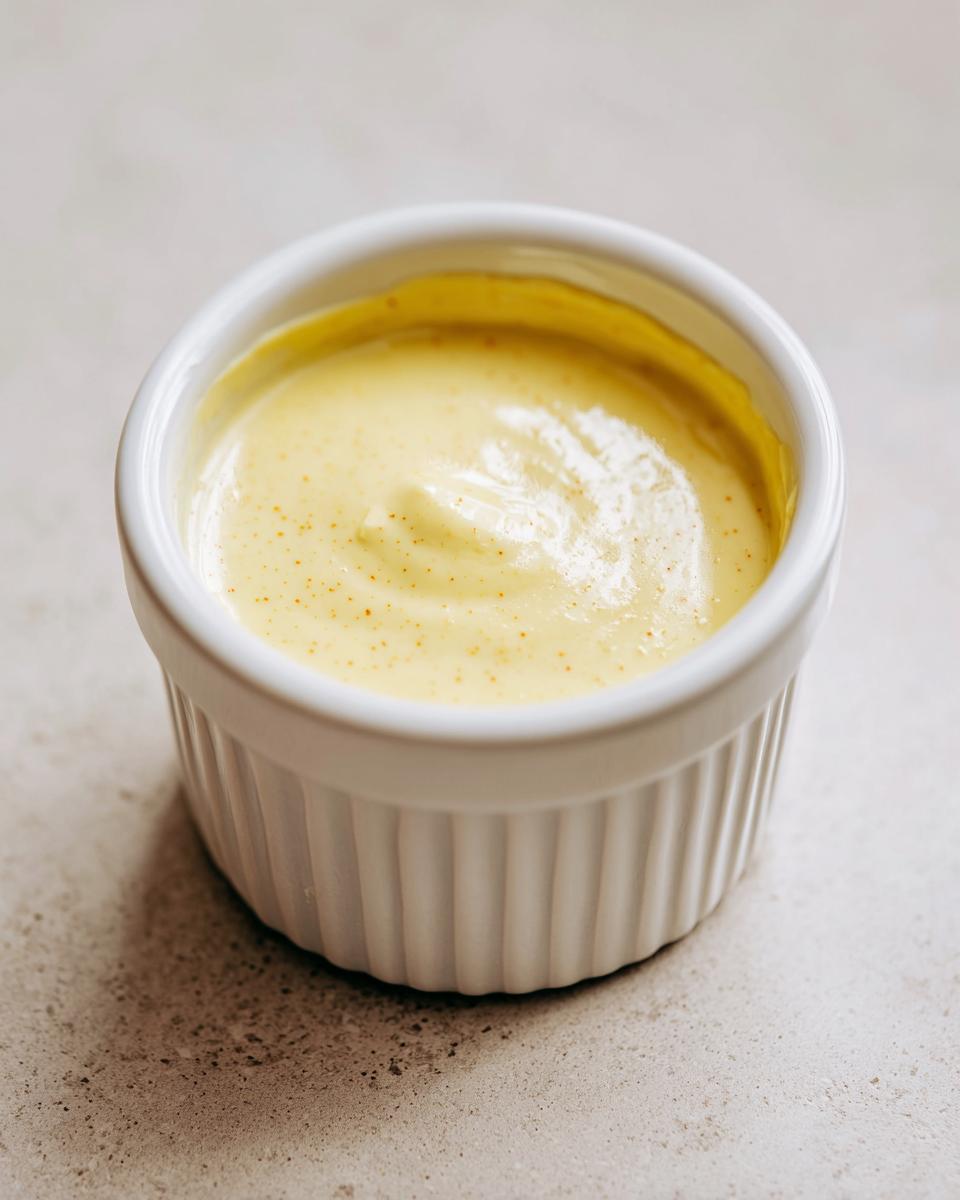 A small white ramekin filled with thick, yellow Creamy Honey Mustard Dressing Dairy Free, showing small spice specks.