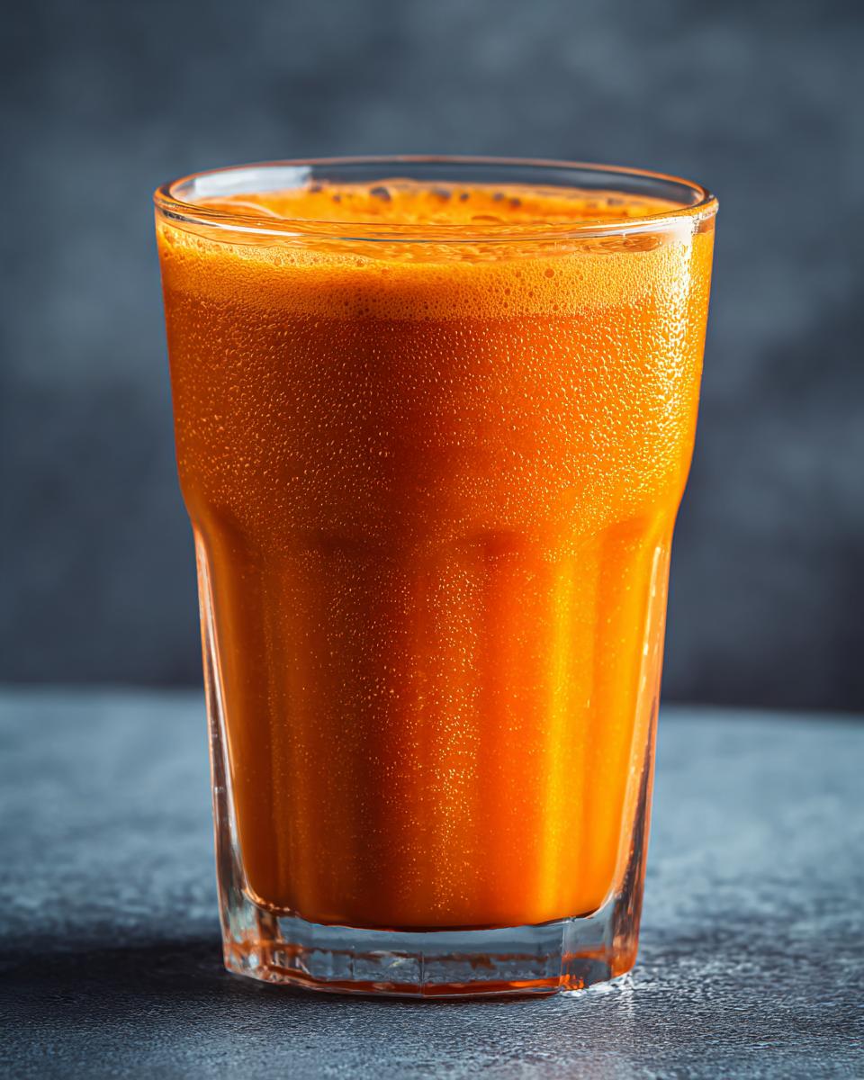 A tall glass filled with vibrant orange Creamy Jamaican Inspired Vegan Carrot Juice, topped with a frothy layer.