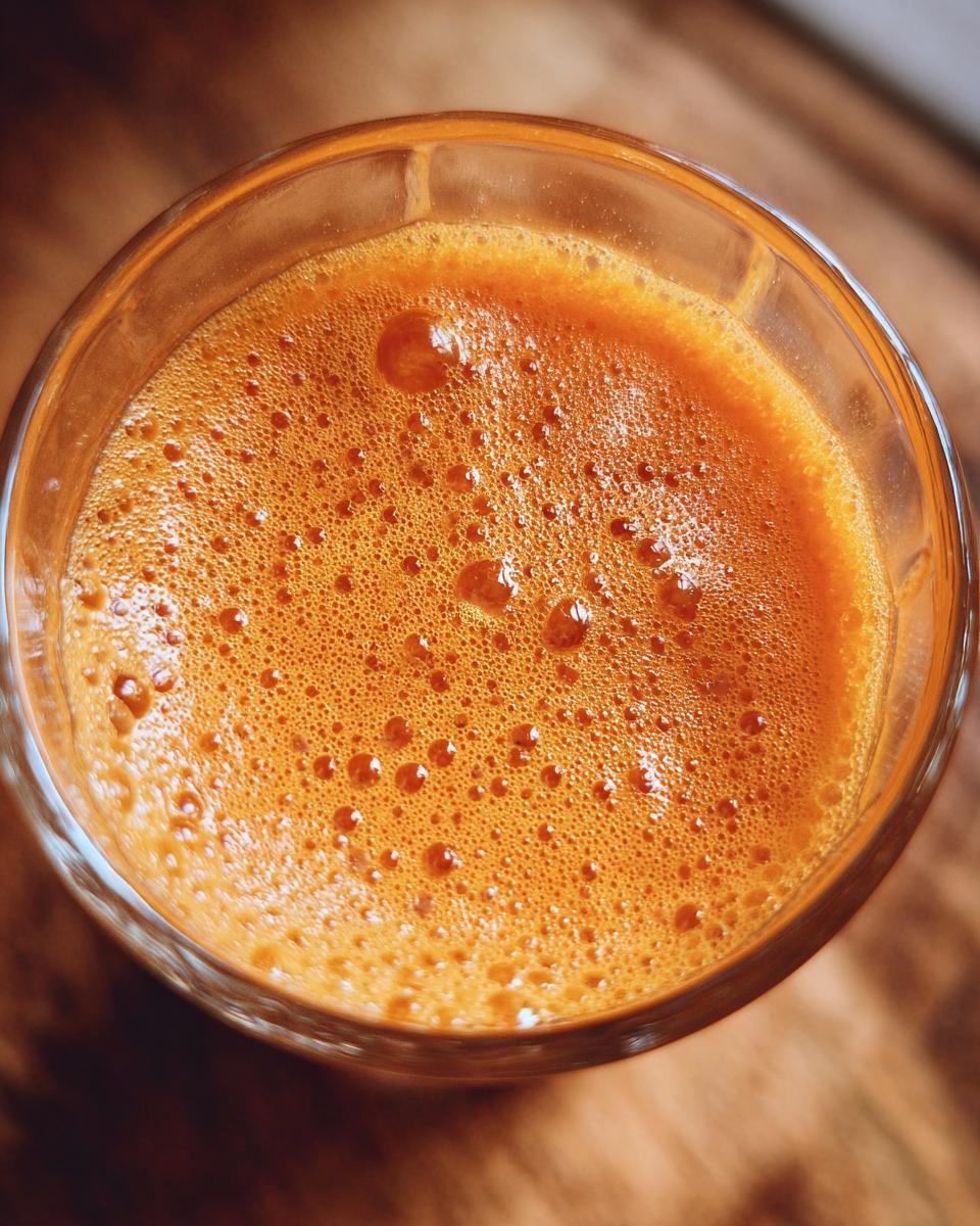 Top view of a glass filled with creamy Jamaican inspired vegan carrot juice, showing a frothy orange top.