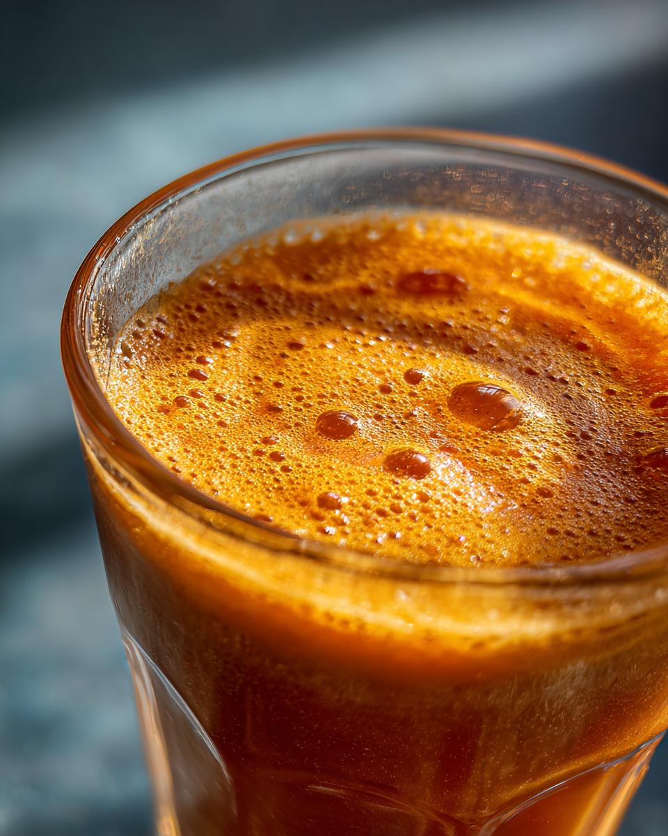 Close-up of a glass filled with creamy Jamaican inspired vegan carrot juice, showing a frothy top.