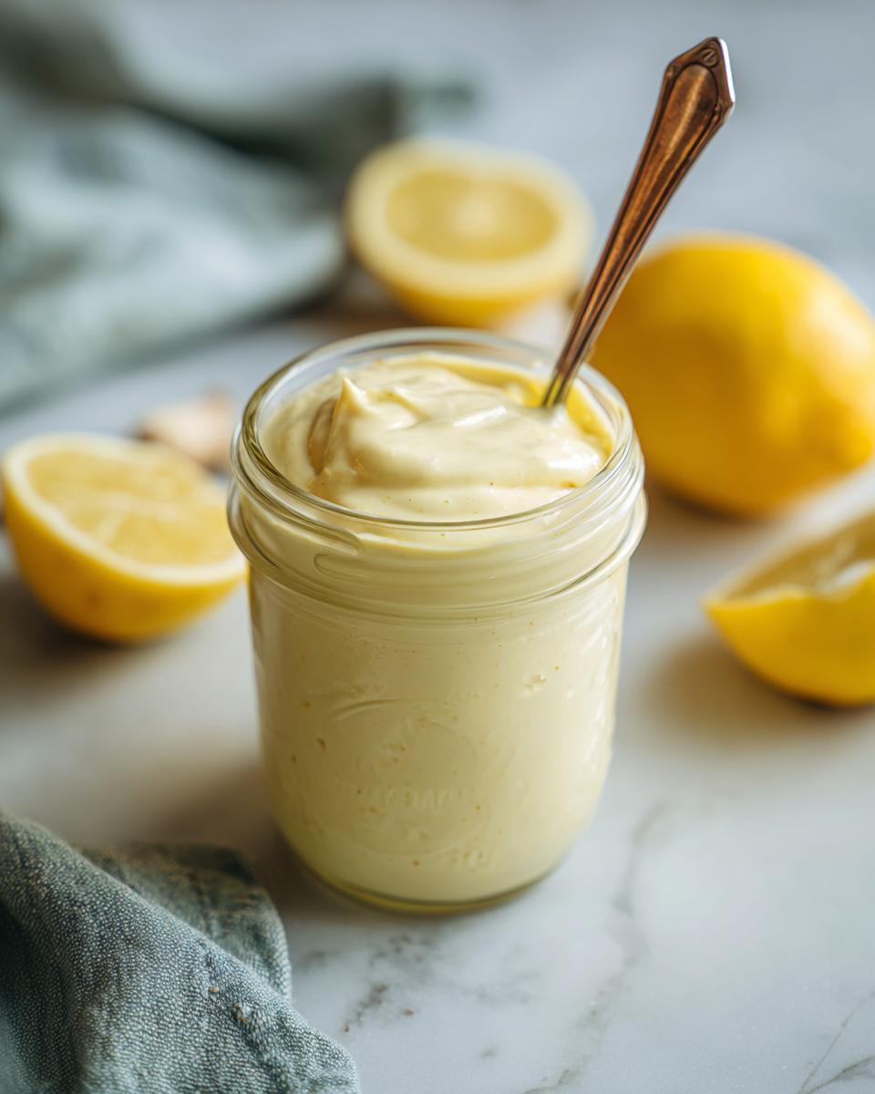 A jar of creamy lemon garlic dressing dairy free with a spoon, surrounded by lemons and garlic cloves on a marble surface.