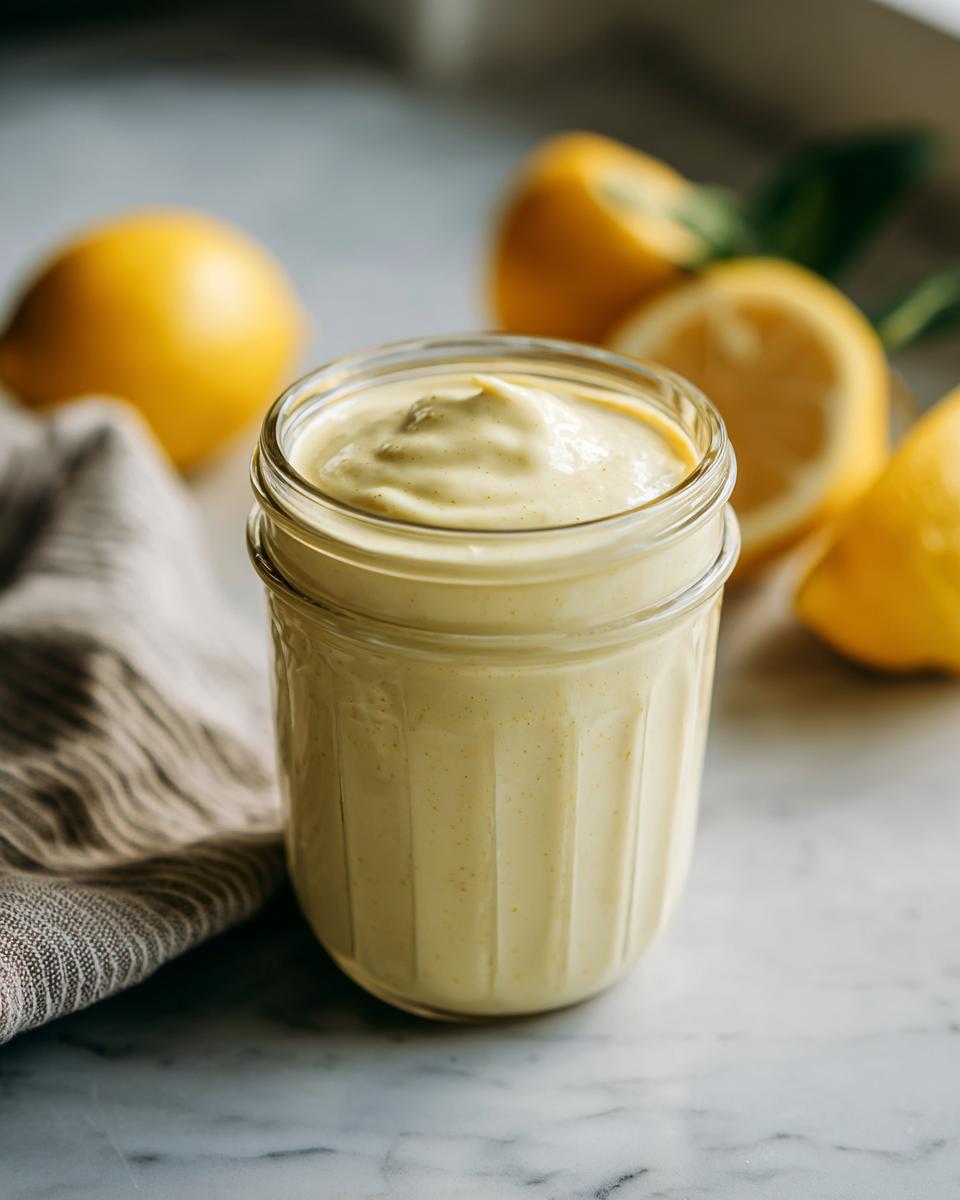 A jar filled with creamy lemon garlic dressing dairy free, with lemons in the background.