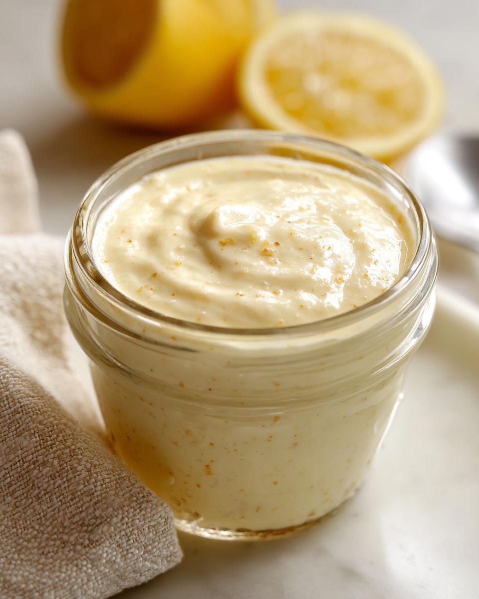 Close-up of a glass jar filled with creamy lemon garlic dressing dairy free, with lemons in the background.