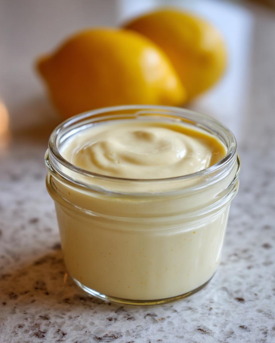 A jar filled with creamy lemon garlic dressing dairy free, with lemons blurred in the background.