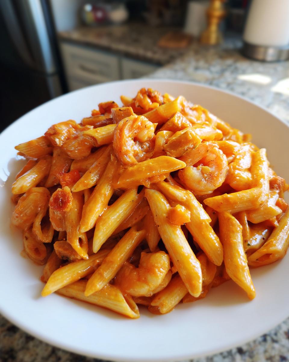A close-up of creamy, orange-sauced Cajun Pasta mixed with shrimp and penne pasta on a white plate.