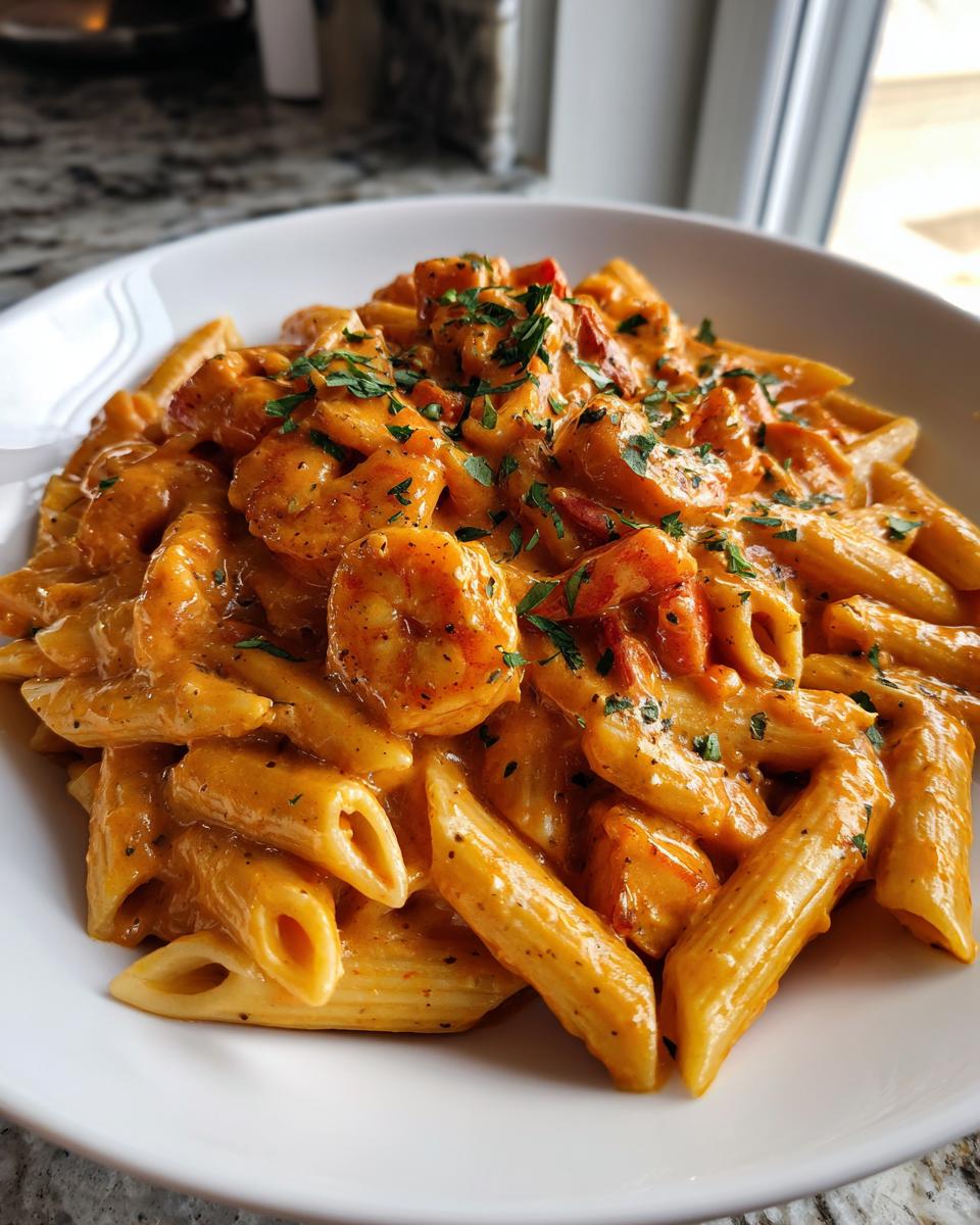 Close-up of creamy, orange-sauced Cajun Pasta with shrimp, garnished with fresh parsley.