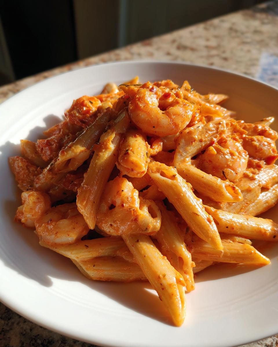 Close-up of a serving of creamy shrimp Cajun Pasta featuring penne pasta coated in a rich, orange sauce.