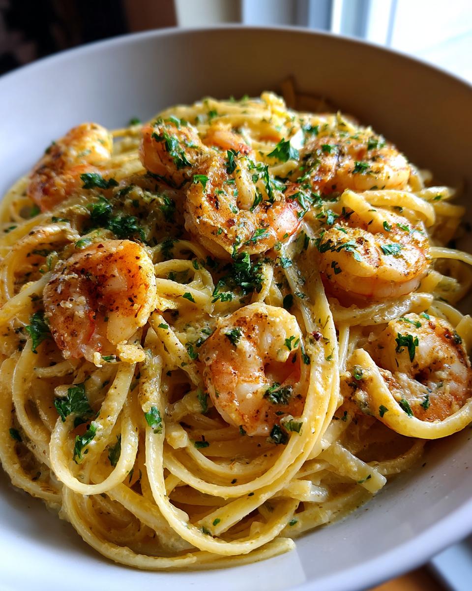 A close-up of a bowl of Creamy Shrimp Scampi Pasta, featuring linguine noodles coated in a rich sauce and topped with seasoned shrimp and fresh parsley.