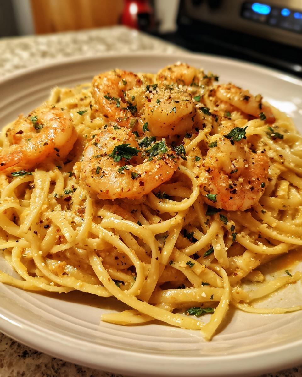 A close-up of a plate filled with Creamy Shrimp Scampi Pasta, featuring plump shrimp and linguine noodles coated in a rich sauce.