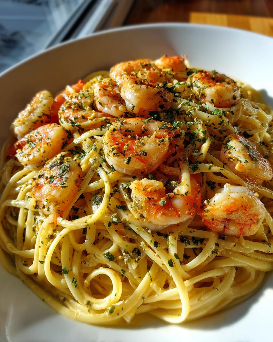 A close-up of Creamy Shrimp Scampi Pasta, featuring linguine noodles topped with succulent shrimp and fresh parsley.