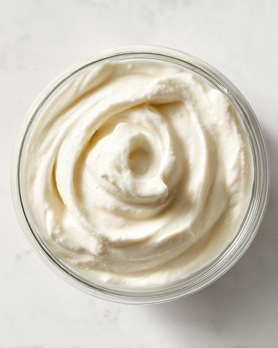 Overhead view of thick, creamy Vegan Ranch Dressing swirled in a clear glass bowl on a white marble surface.
