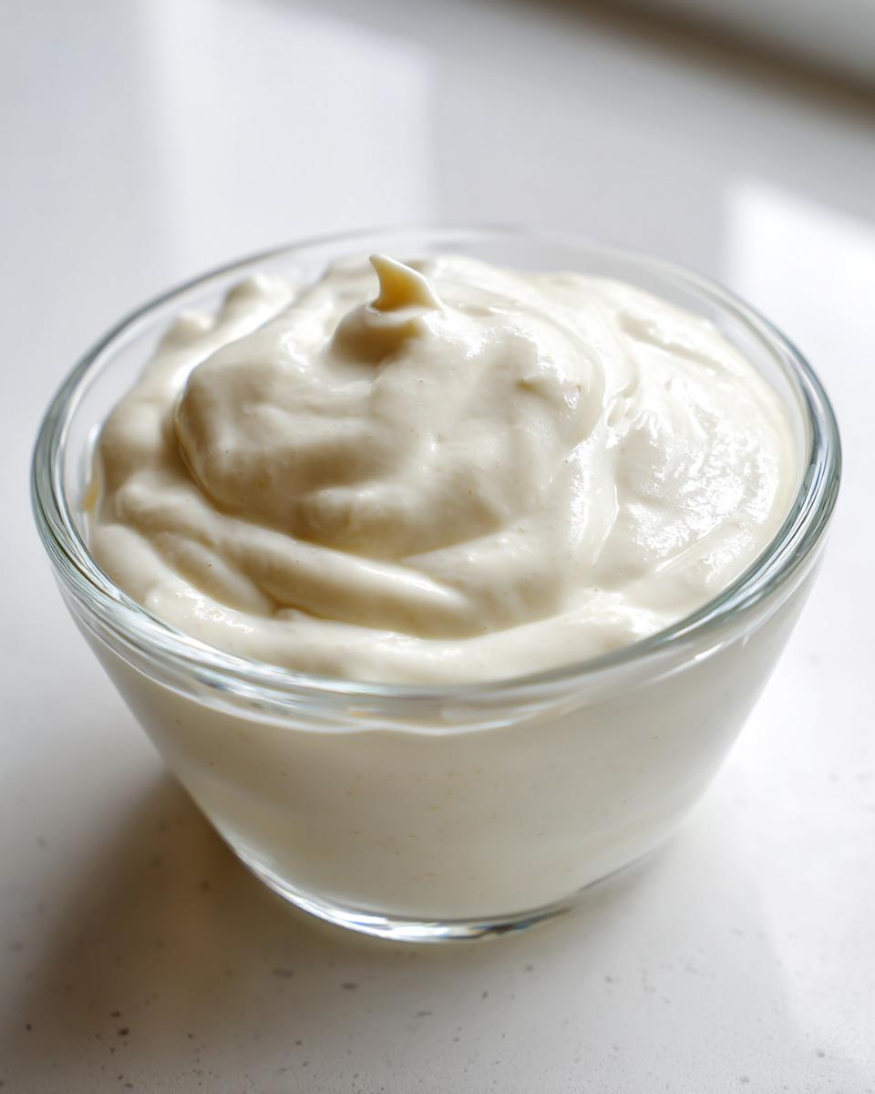 Close-up of thick, creamy vegan ranch dressing swirled in a small clear glass bowl.