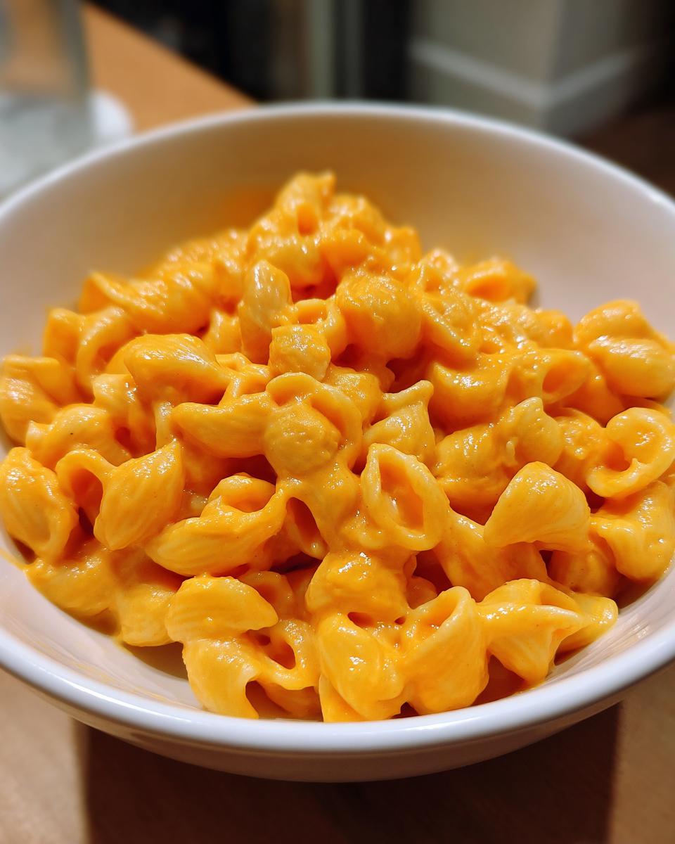 Close-up of creamy, orange Vegan Sweet Potato Pasta made with shell pasta in a white bowl.