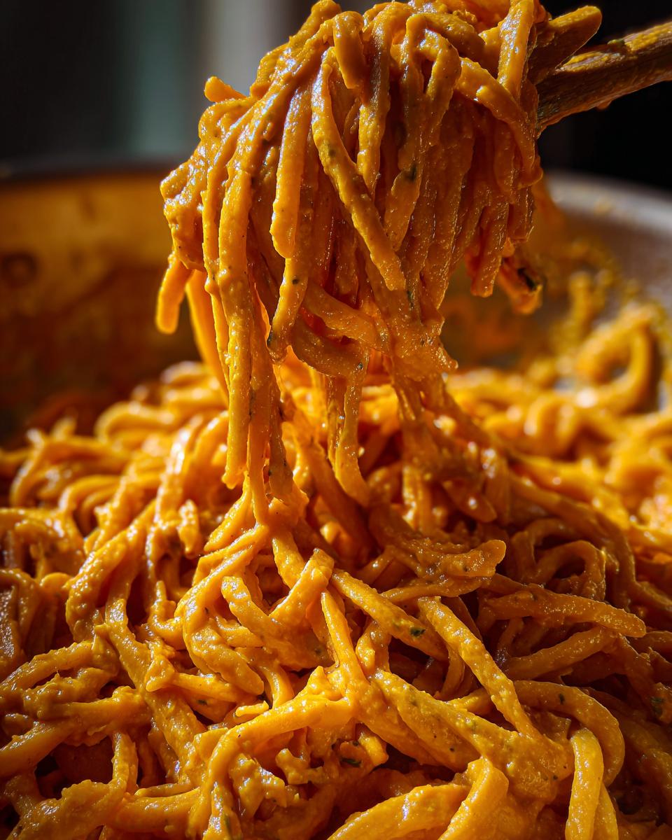 Close-up of creamy orange Vegan Sweet Potato Pasta being lifted from a bowl with wooden tongs.