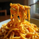 A fork lifts a tangle of bright orange Vegan Sweet Potato Pasta coated in a creamy sauce from a bowl.