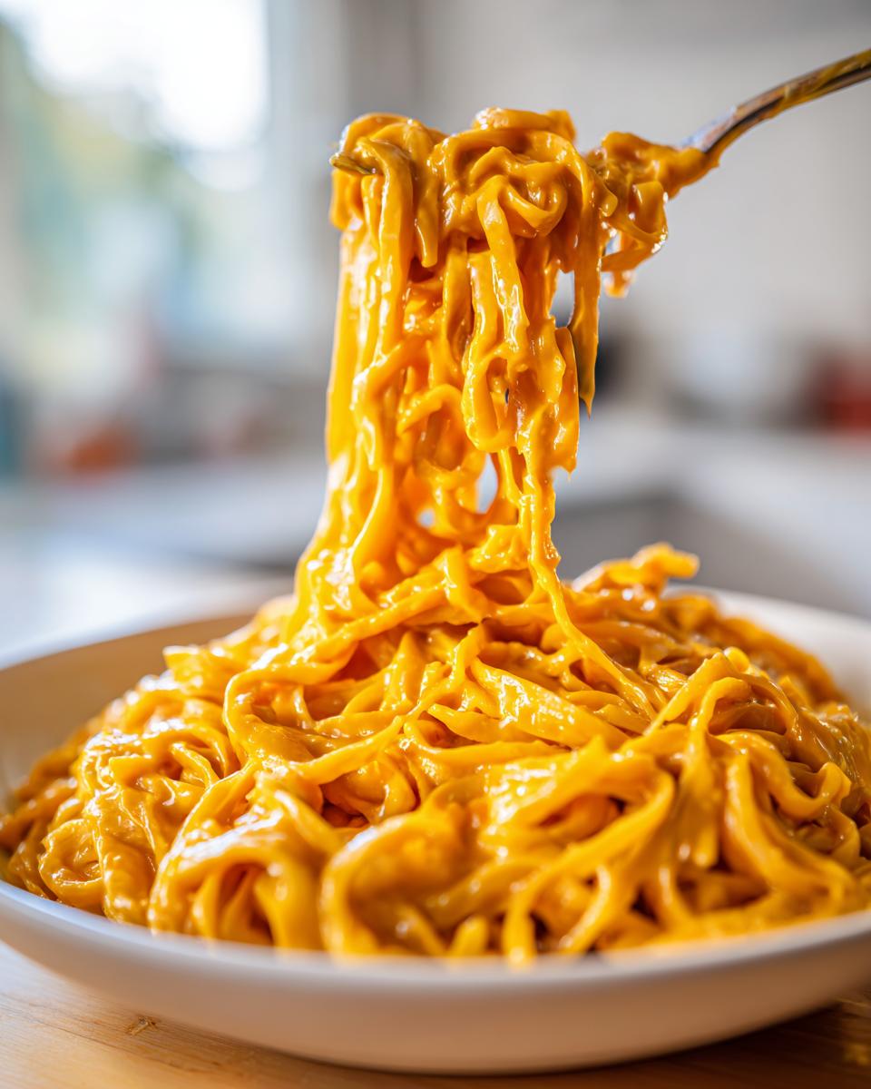 Close-up of creamy, orange Vegan Sweet Potato Pasta being lifted high from a white bowl with a fork.
