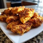 A pile of golden-brown, crispy air fryer chicken tenders on a white plate.
