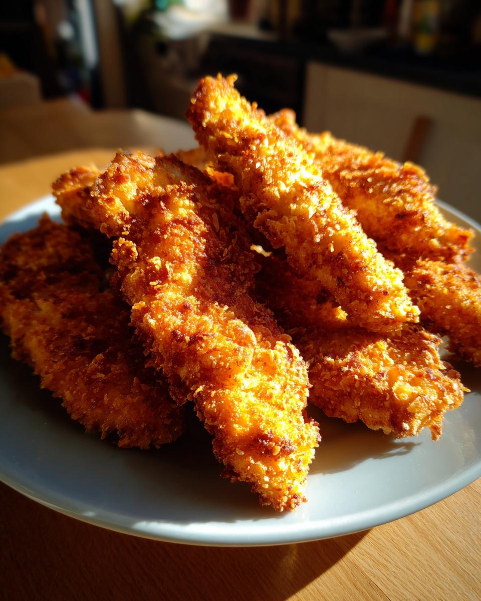 A pile of golden brown, crispy air fryer chicken tenders on a light blue plate.