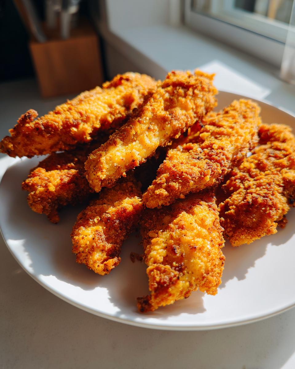 A plate full of golden brown, crispy air fryer chicken tenders, ready to be enjoyed.
