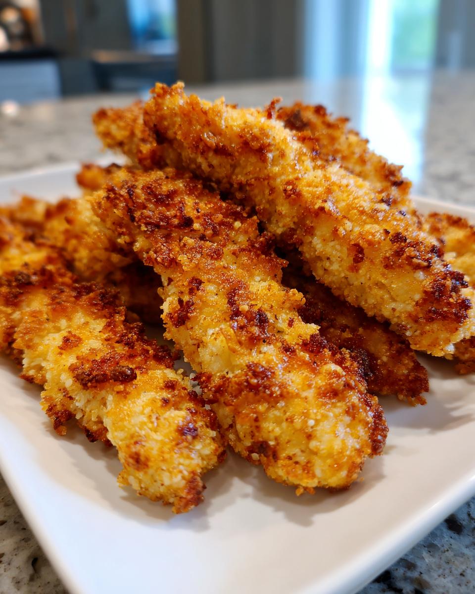 A pile of golden brown, crispy air fryer chicken tenders on a white plate.