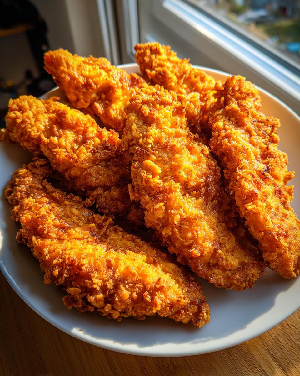 A plate full of golden brown, crispy air fryer chicken tenders, ready to be served.