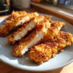 A plate of delicious, golden-brown Crispy Air Fryer Chicken Tenders, some sliced to show the juicy interior.