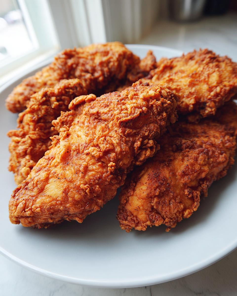 A plate of golden brown, crispy air fryer chicken tenders.